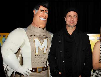 Brad Pitt with his Metroman character at New York Premiere